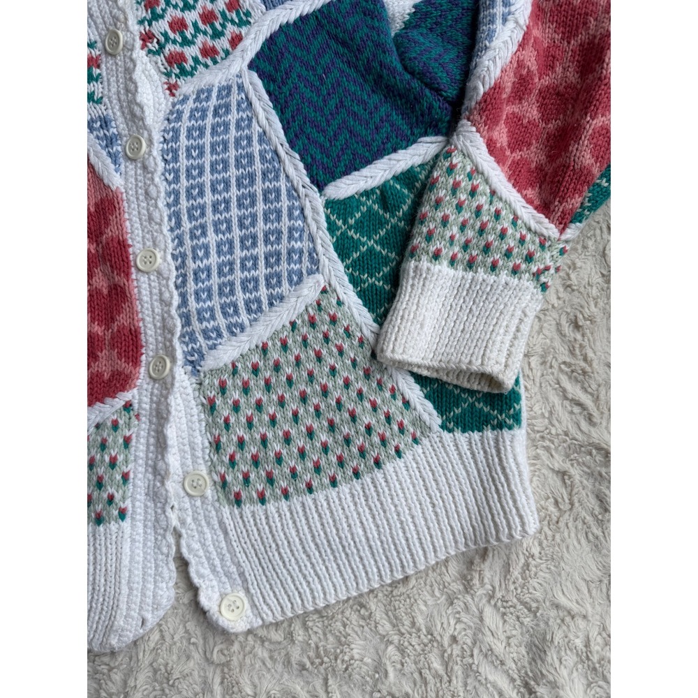 Vintage Orvis Patchwork Cardigan Sweater Floral Heart Knit Ramie Cotton S - Picture 8 of 13